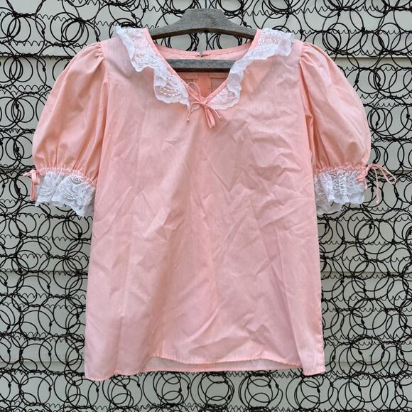 Vintage 80s Partners Please Malco Modes Square Dance coral Pink Lace Trim Blouse - Picture 1 of 9